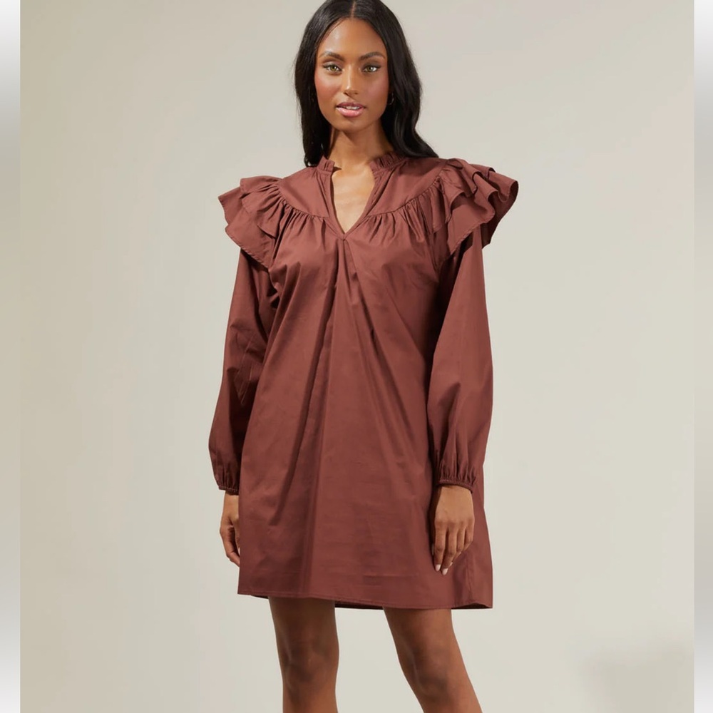 NWT SugarLips Brown Prissy Poplin Ruffle Mini Dress Size XL
